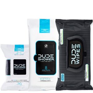dude wipes, flushable, shower & face combo, unscented with natural soothing vitamin-e & aloe (48ct flushable, 8ct shower, 30ct face)