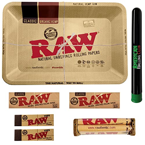 RAW Rolling Tray Combo Includes RAW Tray, RAW 1 1/4 Rolling Papers, RAW Tips, RAW 79mm Rolling Machine and American Rolling Club Tube (Mini)