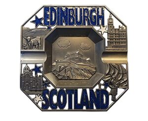 edinburgh scotland metal ashtray – castle / scottish piper / highland cattle / words in blue letters / souvenir