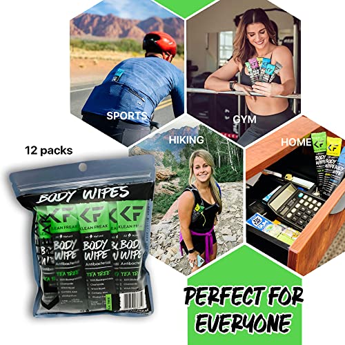 KLEAN FREAK Body 12-Count Wipes - Original Disposable Wipes, Individually Wrapped for the Gym, Workout, Hiking, Travel, and Sport (Tea-Tree)