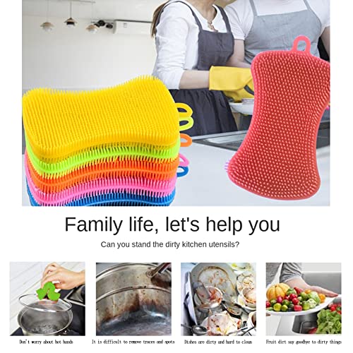 Silicone Sponge Dish Washing Kitchen Scrubber, 6 Pack Reusable Dish Washing Cleaning Sponges Double-Sided Multipurpose Non Stick Silicone Dish Sponges for Dishes, Fruit, Vegetable （Multicolor）