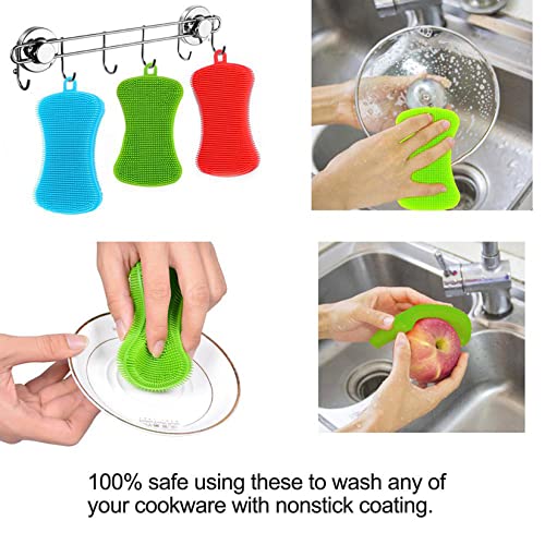 Silicone Sponge Dish Washing Kitchen Scrubber, 6 Pack Reusable Dish Washing Cleaning Sponges Double-Sided Multipurpose Non Stick Silicone Dish Sponges for Dishes, Fruit, Vegetable （Multicolor）
