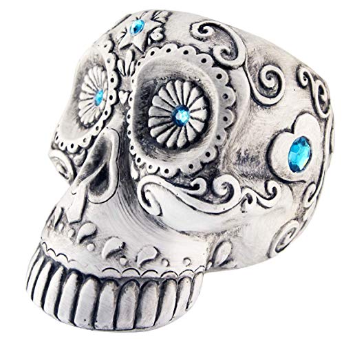 Rhinestone Encrusted Heat Resistant Sugar Skull Molded Ashtray (Blue)