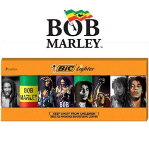 bic pocket lighter, special edition bob marley collection, assorted unique lighter designs, 8 count pack of lighters