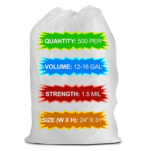 ALL SUPPLIES SHOP Small, Medium 24” X 31” Clear Trash Can Liner, 12-16 Gal Garbage Bags, 39 Micron 1.5 Mil Thick for Homes/Offices/Bathrooms/Hospitals/Hotels/Gyms, Indoor/Outdoor Use 500 Per, Roll