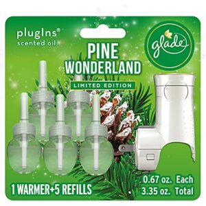 glade plugins refills air freshener starter kit, scented and essential oils for home and bathroom, pine wonderland, 3.35 fl oz, 1 warmer + 5 refills