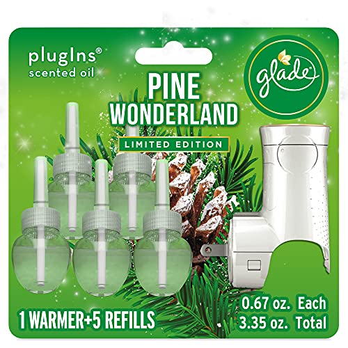 Glade PlugIns Refills Air Freshener Starter Kit, Scented and Essential Oils for Home and Bathroom, Pine Wonderland, 3.35 Fl Oz, 1 Warmer + 5 Refills