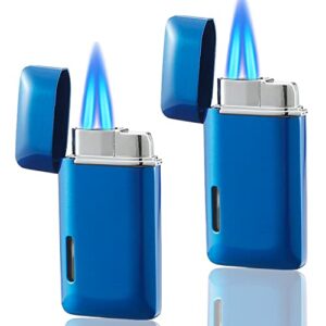 futlidys 2 pack mini torch lighter butane refillable, double flame butane lighter with visible window, adjustable jet lighter, great gifts for men and women, without gas (blue)