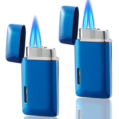 Futlidys 2 Pack Mini Torch Lighter Butane Refillable, Double Flame Butane Lighter with Visible Window, Adjustable Jet Lighter, Great Gifts for Men and Women, Without Gas (Blue)