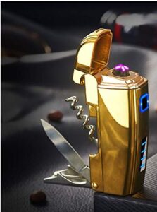 chawgs 4 in 1 multifunction electric plasma lighter with bottle opener, dual arc, flameless, windproof, usb rechargeable, metal cigarette lighters (gold)