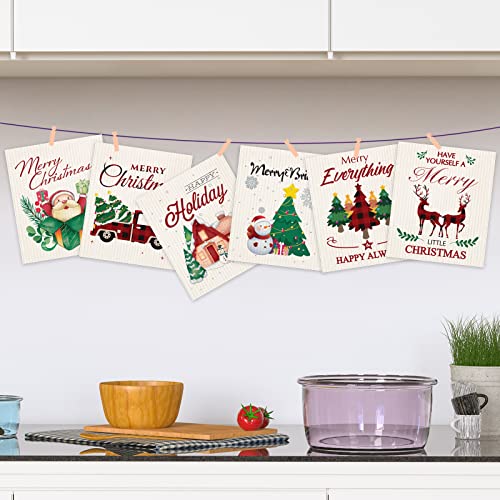 6 Pieces Christmas Swedish Dishcloths Durable Xmas Swedish Cleaning Cloths Absorbent Fast Dry Kitchen Towels for Christmas Cleaning Cloths for Kitchen Bathroom Office Wedding Housewarming