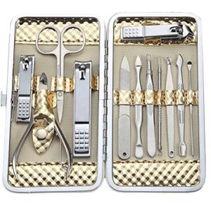professional nail clipper set, manicure tools, pedicure kit, 12 in 1 stainless steel professional grooming kit with luxurious travel case(gold)