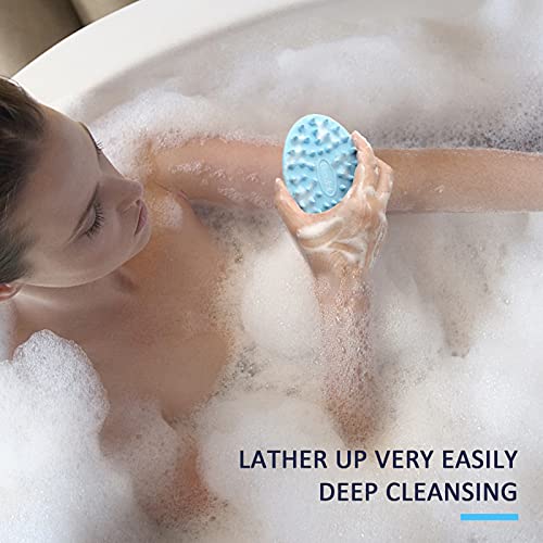 BEAUTAIL Silicone Body Scrubber, 2 in 1 Shower Bath Wash and Hair Shampoo Brush, Gentle Exfoliating Scrub Cleansing Loofah for Women Men Baby Sensitive Skin, Easy to Clean, Lather Nicely, 1 Pack, Blue