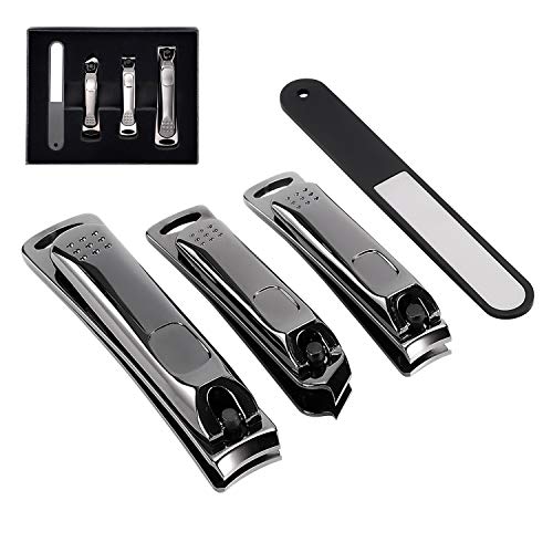 Nail Clippers Set,4PCS Black Fingernail & Toenail & Separate Nail File & Slant Edge Nail Cutter Trimmer Set with Gift Case,Stainless Steel,Good Gift for Women and Men