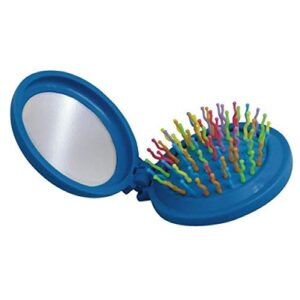 compact folding hair brush with mirror massage detangling air rubber cushion pocket purse hairbrush (blue)