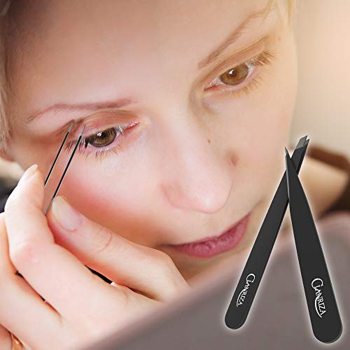 Tweezers for Eyebrows Eyelash Extension Clanriza Stainless Steel Tip Slant ,Set for Ingrown Hair - Premium Quality Eyebrow and Facial Hair Removal - Ideal Gift for Fashionable Women - 2 Pack