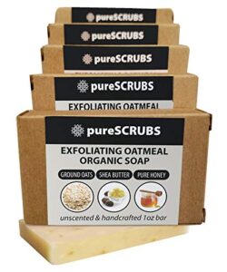 purescrubs exfoliating oatmeal organic bar soaps, made with finely ground oats, shea butter & pure honey, unscented & handcrafted – small 1oz bar (5 pack)