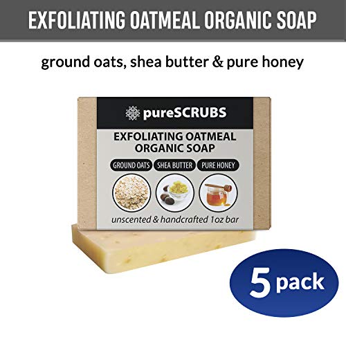 pureSCRUBS Exfoliating Oatmeal Organic Bar Soaps, Made with Finely Ground Oats, Shea Butter & Pure Honey, Unscented & Handcrafted - Small 1oz Bar (5 pack)