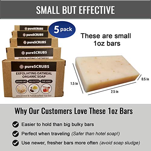 pureSCRUBS Exfoliating Oatmeal Organic Bar Soaps, Made with Finely Ground Oats, Shea Butter & Pure Honey, Unscented & Handcrafted - Small 1oz Bar (5 pack)