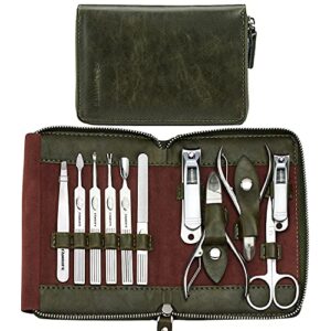 familife manicure set, nail kit 11 in 1 gifts for men him pedicure kit stainless steel mens manicure kit professional leather pedicure tools mens grooming kit with dark green travel case nail clippers