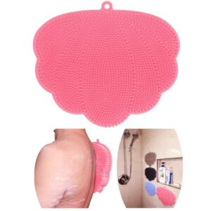 weuse ourbshf back scrubber hands-free for shower. easy to clean big flat silicone back washer foot massager body brush replace loofah sponge. stick to wall to scrub, hang on hook to dry (pink)