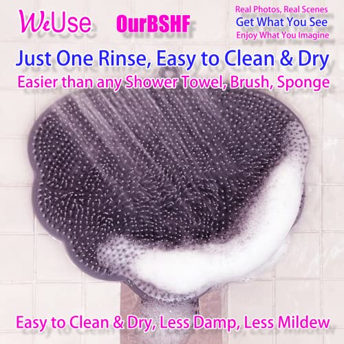 WeUse OurBSHF Back Scrubber Hands-Free for Shower. Easy to Clean Big Flat Silicone Back Washer Foot Massager Body Brush Replace Loofah Sponge. Stick to Wall to Scrub, Hang on Hook to Dry (Pink)