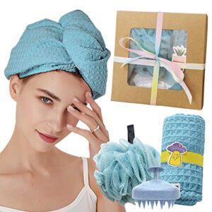 hair towel gift set, 3 pcs microfiber fast dry hair caps bath sponge scalp comb bathroom supplies set (blue)