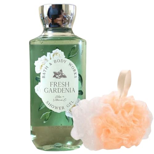 Bath and Body Works Fresh Gardenia Gift Set Bundle with Shower Gel Soap and Loofah Pouf Sponge