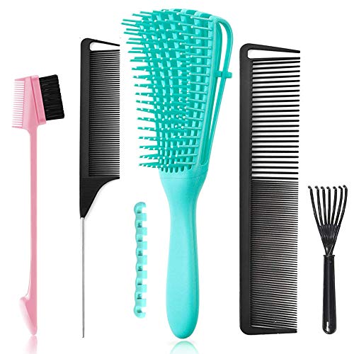 5 Pcs Detangling Hair Brush Set, Ez Detangler Brush With Edge Brush, Rat Tail Combs for Black Natural Hair Styling and Cuting, Curly/Straight/Wet/Dry/long/Short Hair Available for Women Kids Men