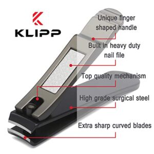 Nail Clippers Set for Men and Women, KLIPP Arched Zinc Alloy Nail Trimmers with Built In Fingernail Files on Non-Slip Levers – Trim and Shape Finger and Toe Nails with Travel Nail Care Kit