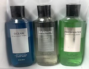 bath and body works 3 pack 2-in-1 hair + body wash freshwater, graphite and ocean. 10 oz.