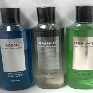 Bath and Body Works 3 Pack 2-in-1 Hair + Body Wash Freshwater, Graphite and Ocean. 10 Oz.