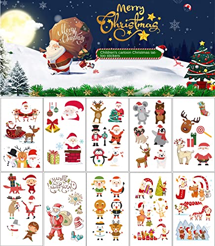 Christmas Temporary Tattoos, 10 Sheets Water Transfer Santa Claus Elk Snowman Penguin Bear Bell Design Tattoo Stickers, DIY Xmas Decals Fake Tattoos Decorations for Adult and Kids