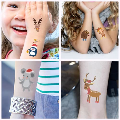 Christmas Temporary Tattoos, 10 Sheets Water Transfer Santa Claus Elk Snowman Penguin Bear Bell Design Tattoo Stickers, DIY Xmas Decals Fake Tattoos Decorations for Adult and Kids