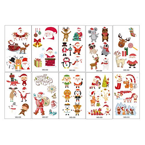 Christmas Temporary Tattoos, 10 Sheets Water Transfer Santa Claus Elk Snowman Penguin Bear Bell Design Tattoo Stickers, DIY Xmas Decals Fake Tattoos Decorations for Adult and Kids