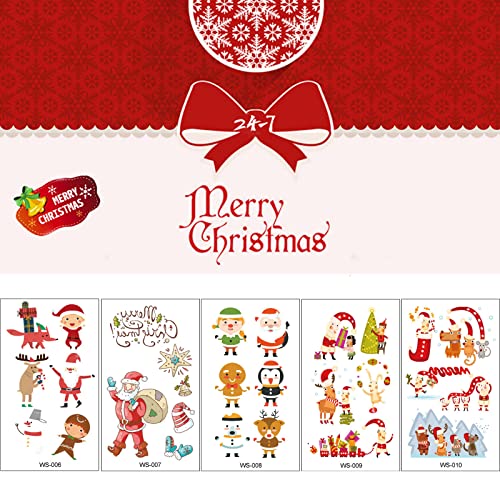 Christmas Temporary Tattoos, 10 Sheets Water Transfer Santa Claus Elk Snowman Penguin Bear Bell Design Tattoo Stickers, DIY Xmas Decals Fake Tattoos Decorations for Adult and Kids