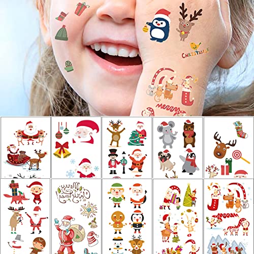 Christmas Temporary Tattoos, 10 Sheets Water Transfer Santa Claus Elk Snowman Penguin Bear Bell Design Tattoo Stickers, DIY Xmas Decals Fake Tattoos Decorations for Adult and Kids