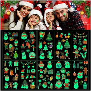 christmas temporary tattoo stickers, luminous xmas tattoo decal for kids, glow in the dark waterproof fake tattoos for gift (10 sheets)