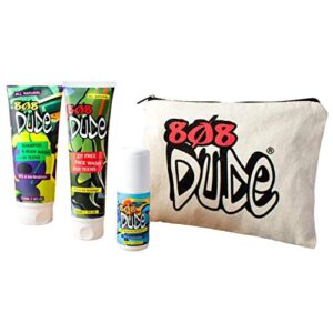 808 dude skincare kit for teens. shampoo and body wash, face wash and deodorant to prevent breakouts and eliminate body odor with eco-friendly cotton toiletry bag