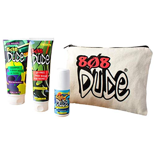 808 Dude Skincare Kit for Teens. Shampoo and Body Wash, Face Wash and Deodorant to Prevent Breakouts and Eliminate Body Odor with Eco-Friendly Cotton Toiletry Bag