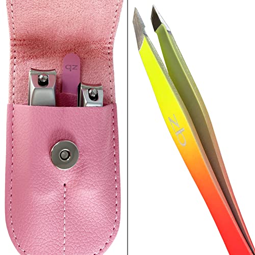 Zizzili Basics 3 Piece Nail Clipper Set and Sherbet Ombré Slant Tweezers for Eyebrow and Facial Hair Removal - Fingernail & Toenail Clippers with Nail File and Pink Travel Case - Bundle