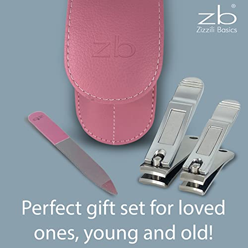 Zizzili Basics 3 Piece Nail Clipper Set and Sherbet Ombré Slant Tweezers for Eyebrow and Facial Hair Removal - Fingernail & Toenail Clippers with Nail File and Pink Travel Case - Bundle