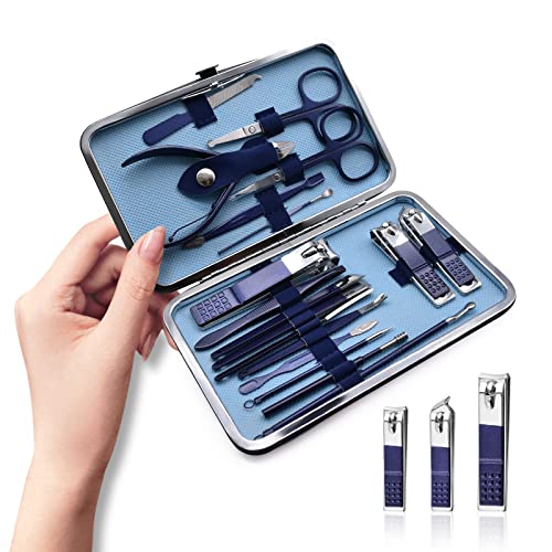 ATENTO Premium Manicure Set Nail Clippers Pedicure Kit, 18 Pcs Stainless Steel Manicure Kit, Professional Nail Care Tools Fingernail Clippers Grooming Kits, Nail Set Kit for (Blue)