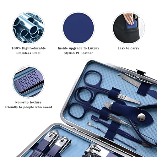 ATENTO Premium Manicure Set Nail Clippers Pedicure Kit, 18 Pcs Stainless Steel Manicure Kit, Professional Nail Care Tools Fingernail Clippers Grooming Kits, Nail Set Kit for (Blue)