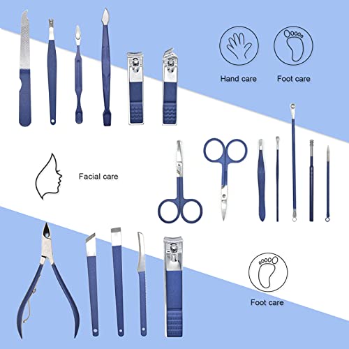 ATENTO Premium Manicure Set Nail Clippers Pedicure Kit, 18 Pcs Stainless Steel Manicure Kit, Professional Nail Care Tools Fingernail Clippers Grooming Kits, Nail Set Kit for (Blue)