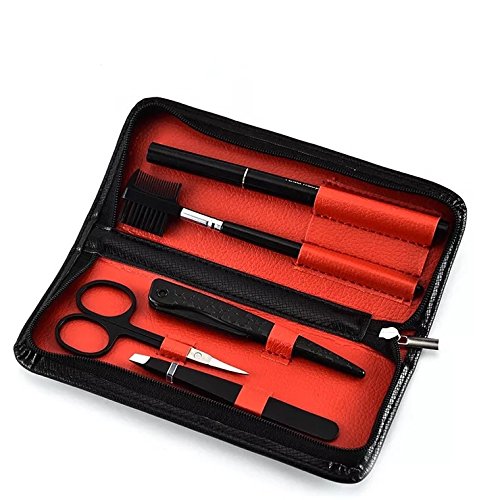 Complete 6 Pieces Eyebrow Trimming Kit Black Color Eyebrow Scissors Eyebrow Brush&Comb Grooming Set Tweezers Styling Expert and Eyebrow Pencil Set Included Free Black Zipper Travel Case for Mens