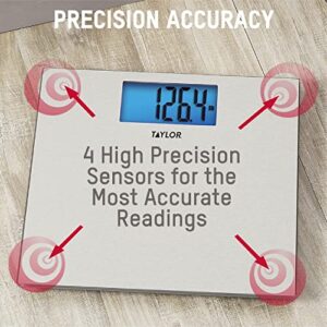 Taylor Precision Products Digital Scales for Body Weight, Highly Accurate 400 LB Capacity, Unique Blue LCD, Auto on and Off Scale, 11.8 x 11.8 Inches, Stainless Steel