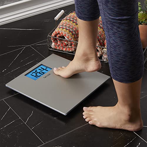 Taylor Precision Products Digital Scales for Body Weight, Highly Accurate 400 LB Capacity, Unique Blue LCD, Auto on and Off Scale, 11.8 x 11.8 Inches, Stainless Steel