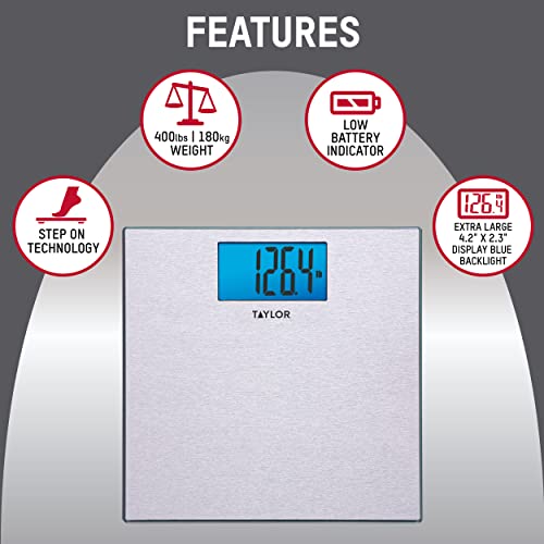 Taylor Precision Products Digital Scales for Body Weight, Highly Accurate 400 LB Capacity, Unique Blue LCD, Auto on and Off Scale, 11.8 x 11.8 Inches, Stainless Steel