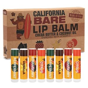 california bare, flavored lip balms with beeswax, coconut oil, shea butter, cocoa butter, and vitamin e for hydrating and moisturizing dry chapped lips, 4 assorted flavors – 8 pack
